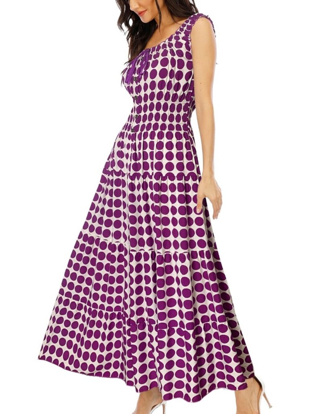 Women's Grape Polka Dot Boho Floral Maxi Summer Flowy Tiered Casual Long Dress